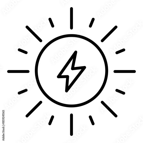 Solar Energy icon featuring sun with lightning. Symbolizes solar energy, renewable power, clean electricity, and sustainable technology.