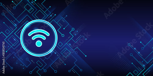 Cyber security concept with glowing wifi icon in circular frame on dark blue backdrop. Digital network illustration with neon wireless symbol surrounded by circuit board elements and tech patterns.