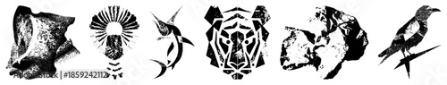 six stylized animal and nature in black and white vector