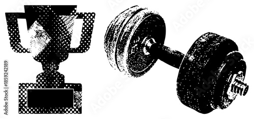 trophy and dumbbell black and white halftone