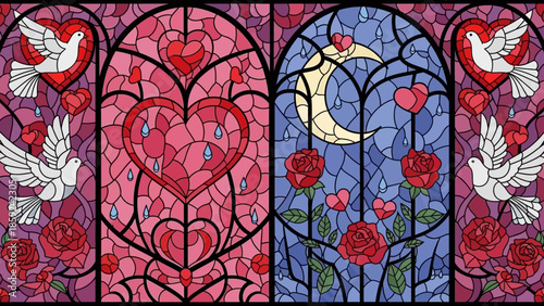 Stunning stained glass art with hearts, roses, and doves