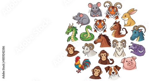 Cartoon Chinese Zodiac Animals Including Dragon, Tiger, and Monkey