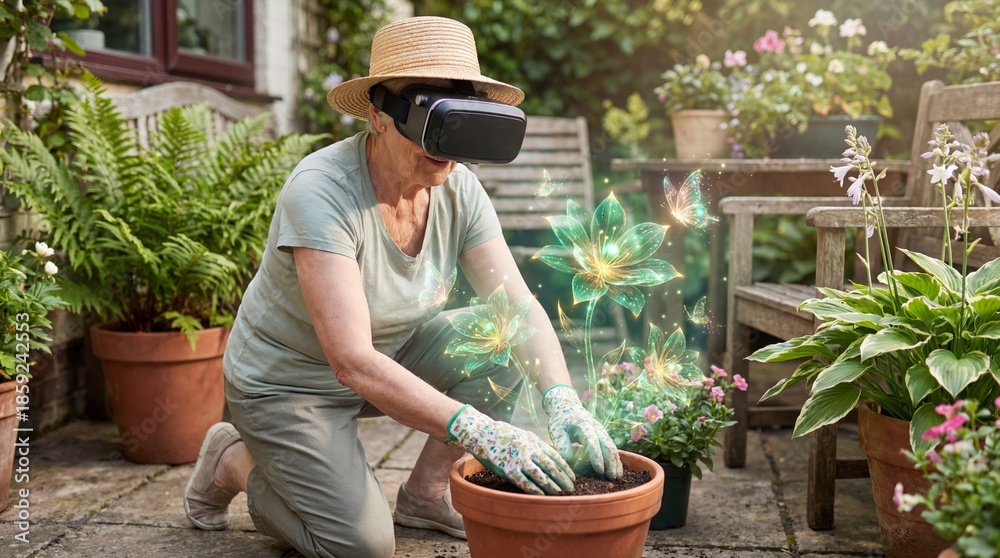 Obraz premium Senior woman gardening with glowing holographic augmented reality plants and butterflies in real garden pot