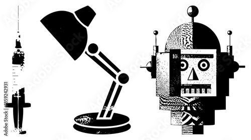 robot holding syringe with desk lamp