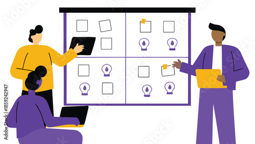 Diverse team collaborating around a whiteboard with sticky notes and lightbulb icons for brainstorming and idea generation