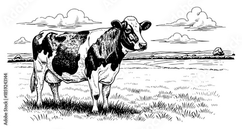 Holstein Dairy Cow Pasture Scene Line Art Vector – Farm Livestock Illustration
