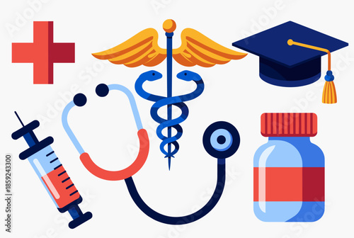 Medical and educational symbols including a caduceus, stethoscope, syringe, medicine bottle, red cross, and graduation cap.