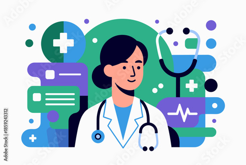 Flat illustration of a smiling female doctor wearing a white lab coat and stethoscope with medical icons in the background.
