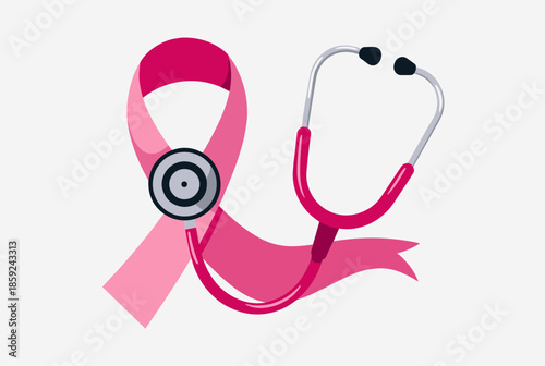 A pink awareness ribbon intertwined with a medical stethoscope, symbolizing breast cancer support and health.