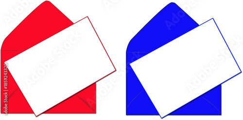 Vibrant red and blue open envelopes with blank white cards, perfect for custom invitations, greeting designs, or personalized messages, symbolizing communication and versatile mail templates