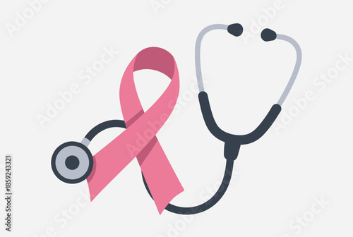 A pink awareness ribbon for breast cancer intertwined with a medical stethoscope, symbolizing health and support.