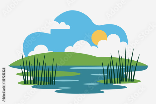 A simple vector illustration of a serene natural landscape with a pond, green hills, tall reeds, blue sky, and a bright sun.