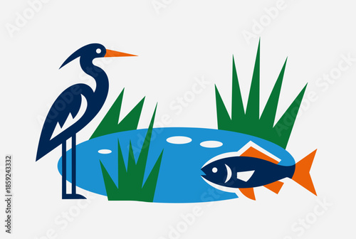 Stylized blue heron standing by a pond with green reeds and a fish swimming in the water.