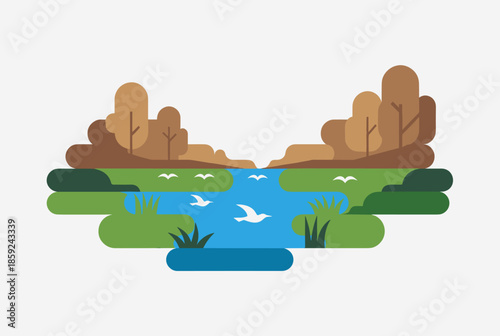 A minimalist flat design illustration of a serene natural landscape with a river, green banks, brown trees, and flying white birds.