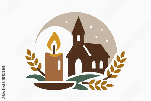 A stylized illustration depicting a church, a lit candle, and wheat under a crescent moon with falling snow, symbolizing faith and tradition.