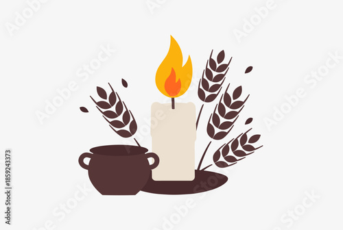 A flat illustration depicting a lit candle, a rustic pot, and wheat stalks, symbolizing harvest or traditional celebration.