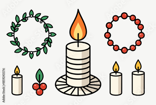 A collection of festive holiday decorations featuring candles, wreaths, and holly berries.
