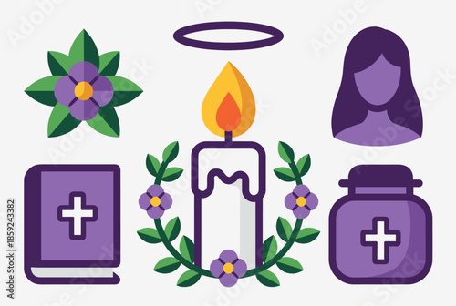 Flat design vector icons representing spirituality, mourning, and religious symbols, including a burning candle, holy book, halo, flowers, and an urn.