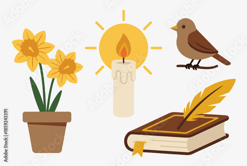 A collection of spring and nature-themed items including daffodils, a lit candle, a bird, and a book with a quill.