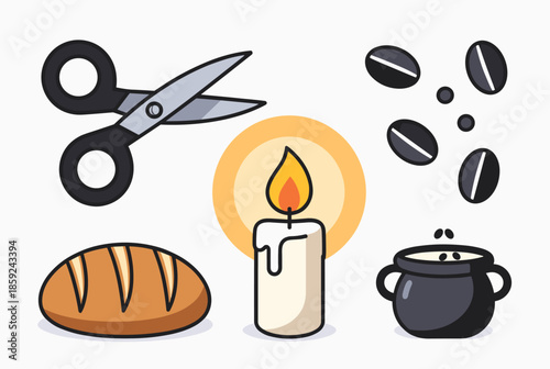 A collection of everyday objects including scissors, a lit candle, coffee beans, a loaf of bread, and a steaming pot.