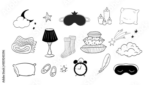 Sleep set hand drawn night symbols doodle. Pillow line bedroom relax, sleeping mask, stars and moon. Warm cozy clothes, socks. Sleepy mood, 