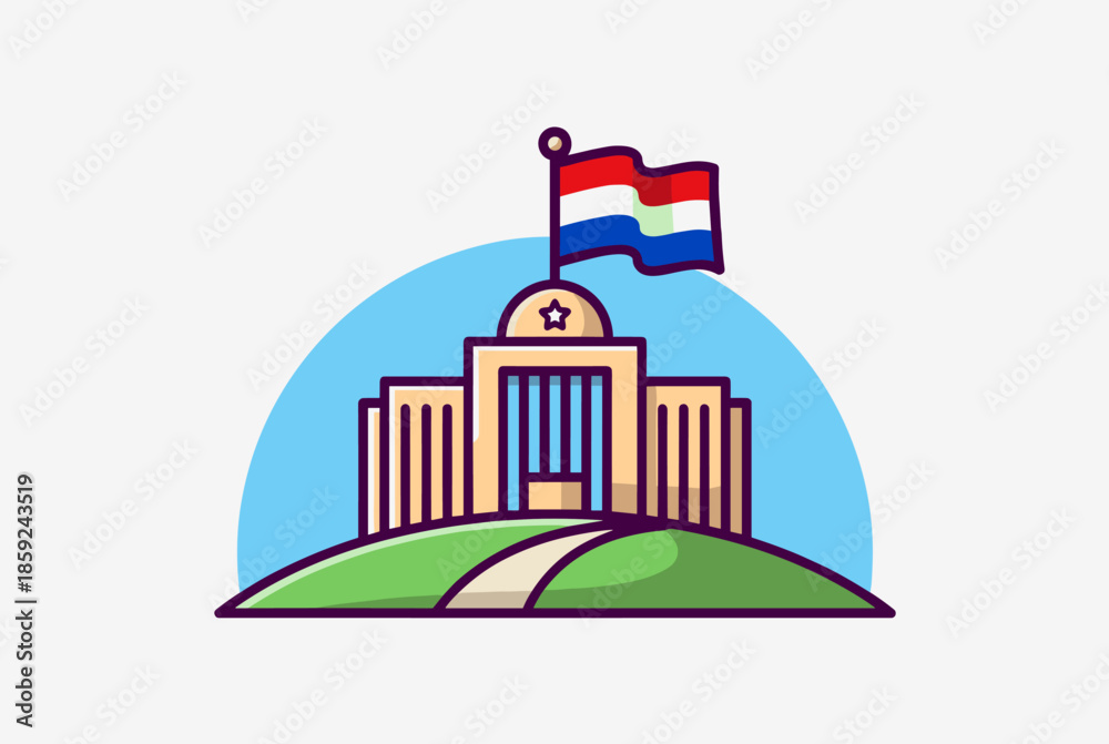 Obraz premium A cartoon illustration of a government building with the Paraguayan flag flying on top, situated on a green hill.