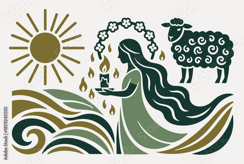 Stylized illustration of a woman holding a candle, with sun, waves, floral arch, and a sheep, in a folk art style.
