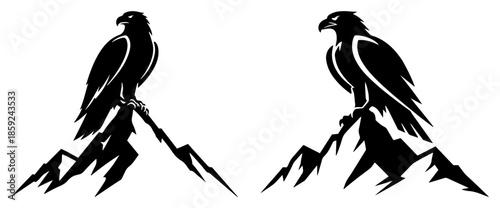 Two majestic eagle silhouettes perched on sharp mountain peaks black and white vector illustration set representing freedom and power