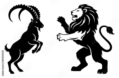 Heraldic lion and mountain goat ibex standing on hind legs facing each other vector silhouette illustration for coat of arms crest or royal shield design
