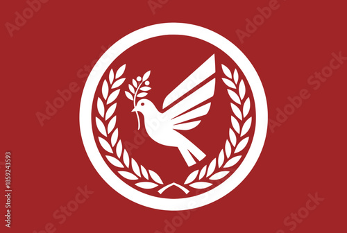 A white dove holding an olive branch, surrounded by a laurel wreath and a circle, on a red background.