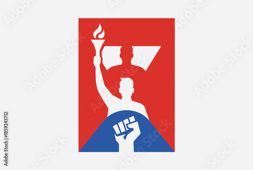 Stylized graphic design featuring a person holding a torch, a clenched fist, and a background silhouette, rendered in red, white, and blue.
