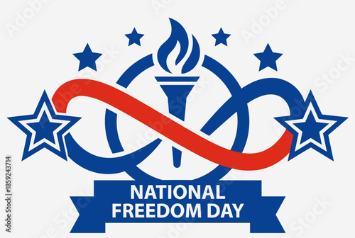 A patriotic logo for National Freedom Day featuring a torch, stars, and an infinity symbol in red, white, and blue colors.