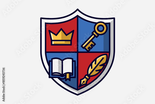 A colorful shield emblem featuring a crown, key, open book, and quill pen, symbolizing knowledge, authority, and wisdom.