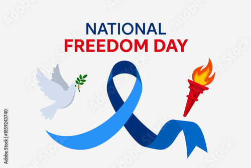 National Freedom Day illustration featuring a dove with an olive branch, a flowing blue ribbon, and a torch with a flame on a clean white background.