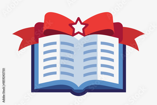 An open book with blue covers and light blue pages, adorned with a red ribbon and a white star, symbolizing education or a special publication.
