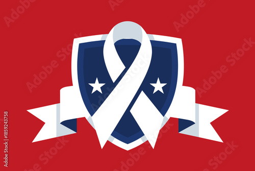 A white awareness ribbon and patriotic shield with stars and banner on a red background, symbolizing support and national pride.