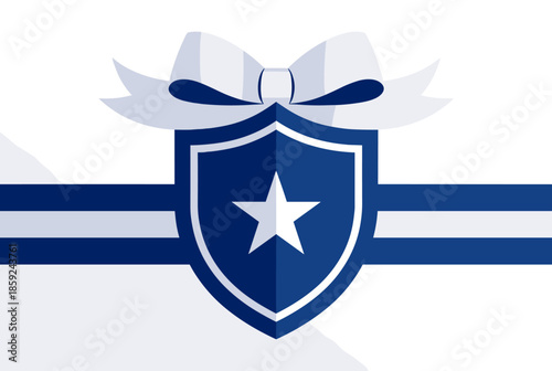 A blue shield with a white star and a white bow ribbon, flanked by horizontal blue and white stripes on a white background, symbolizing achievement or security.