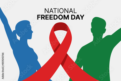 Vector illustration of National Freedom Day with a red ribbon and silhouettes of people celebrating.