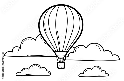 Hot air balloon vector illustration flying among fluffy clouds in the sky designed in simple black and white line art style suitable for coloring books
