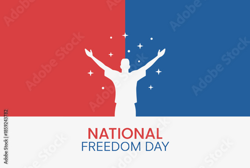 A graphic illustration for National Freedom Day with a person silhouette and sparkling elements on a red and blue background.