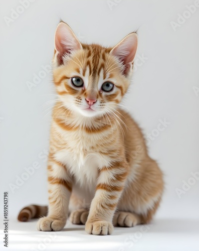 Cute tabby kitten sitting calmly and looking at the camera, isolated on a clean light background. Perfect for pet, animal, cute, and lifestyle concepts.