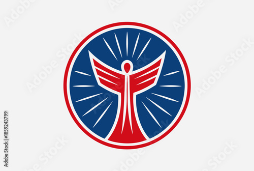 Stylized red and blue circular logo featuring an abstract winged figure with radiating light, symbolizing success or guidance.