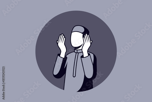 Stylized illustration of a Muslim man in prayer, raising hands to his ears.