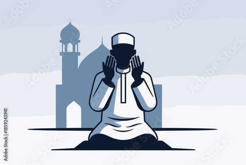 A Muslim man in traditional attire kneeling in prayer with hands raised, a mosque silhouette in the background.