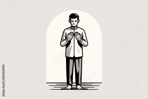 A man standing in prayer, hands raised, in a minimalist black and white illustration with an arch background.