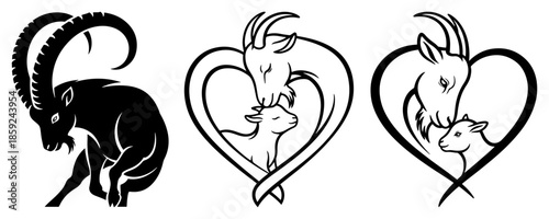 Mountain goat and ibex collection including silhouette and mother with kid heart shaped logo vector illustration for farm or nature design