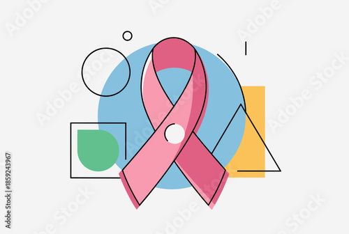 A pink ribbon, symbol of breast cancer awareness, surrounded by abstract geometric shapes and colors.