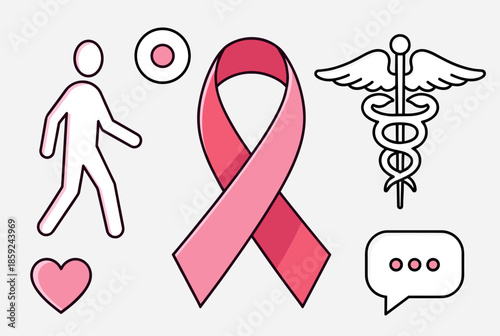 Breast cancer awareness concept with pink ribbon, medical symbol, and health icons.