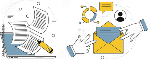 Digital document sharing, email communication, online collaboration, data exchange, business messaging, envelope icon, laptop workflow, flat design, flat vector illustration