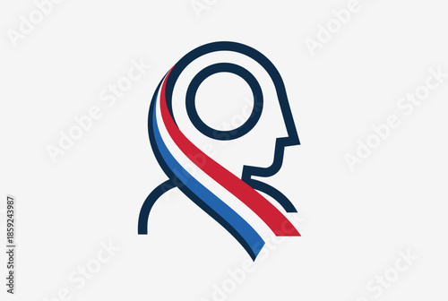 Minimalist icon of a human head profile with a flowing blue, white, and red ribbon, symbolizing French identity or government.